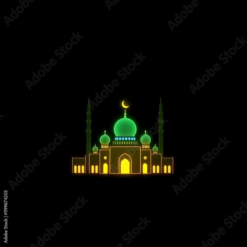 glowing mosque with neon light on dark background in night photo