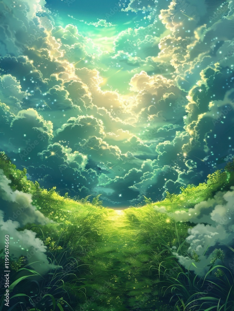 Enchanted Meadow Path Leading to a Celestial Sky: A Dreamlike Fantasy Landscape