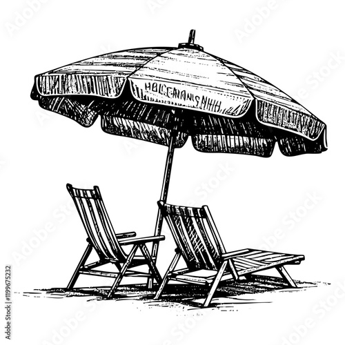 Umbrella and seat on beach sketch engraving black and white outline. Scratch board imitation.  illustrated in vintage line art style on a white background.
