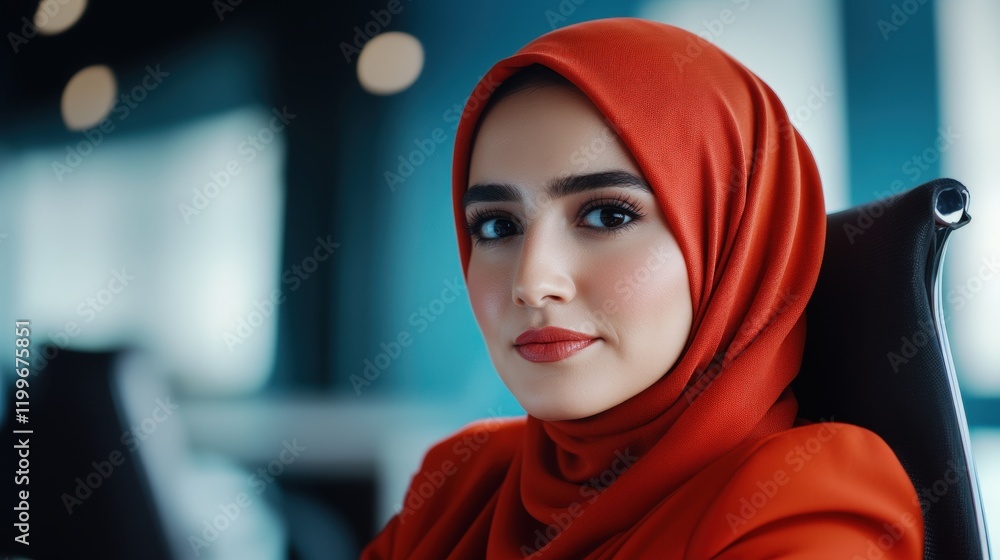 Confident Woman in Red Hijab at Modern Office Environment Confident Woman in Red Hijab at Modern Office Environment