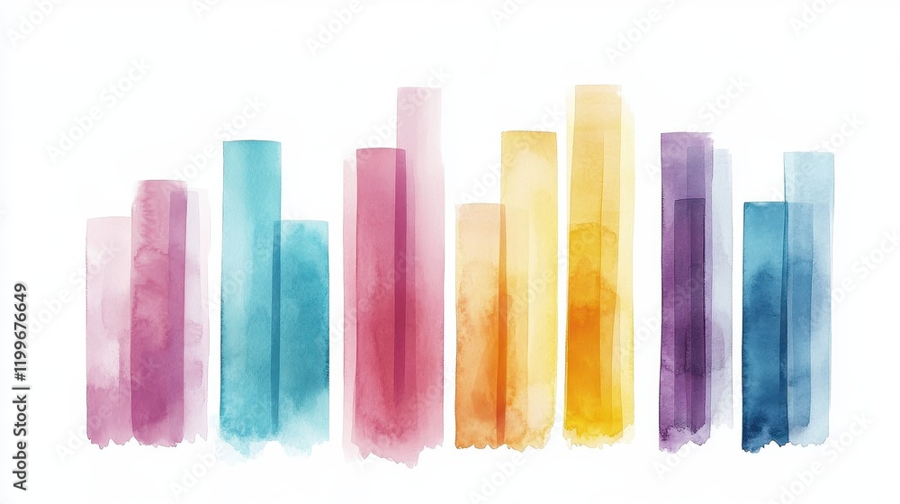 A stacked bar chart, data visualization, watercolor effect, soft pastel colors, isolated on white background A stacked bar chart, data visualization, watercolor effect, soft pastel colors, isolated on white background