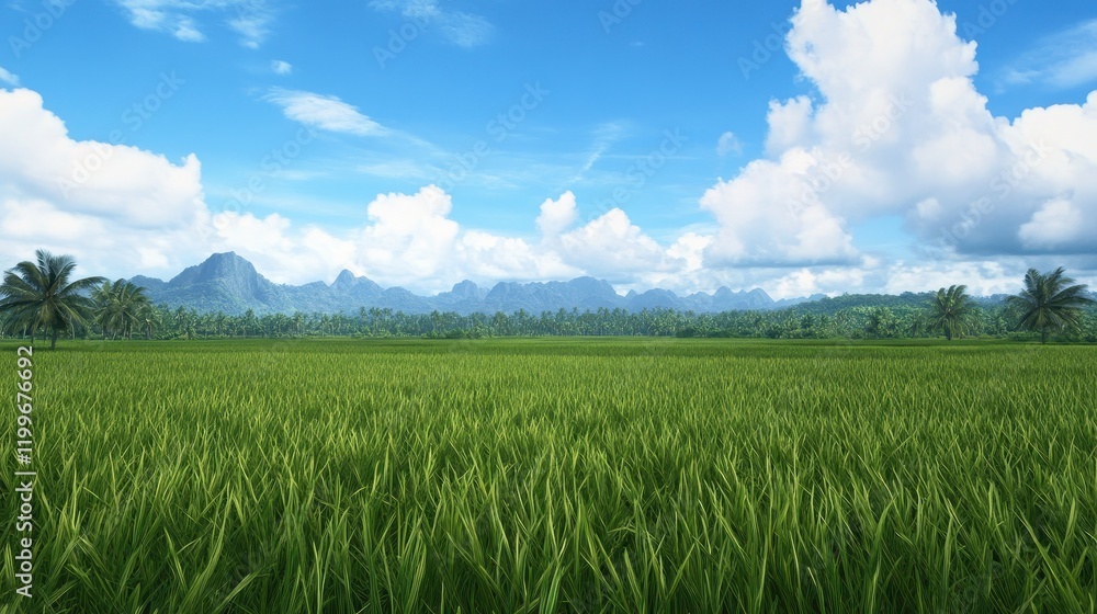 Fototapeta premium Vibrant green rice field under a clear blue sky with distant mountains in the background.
