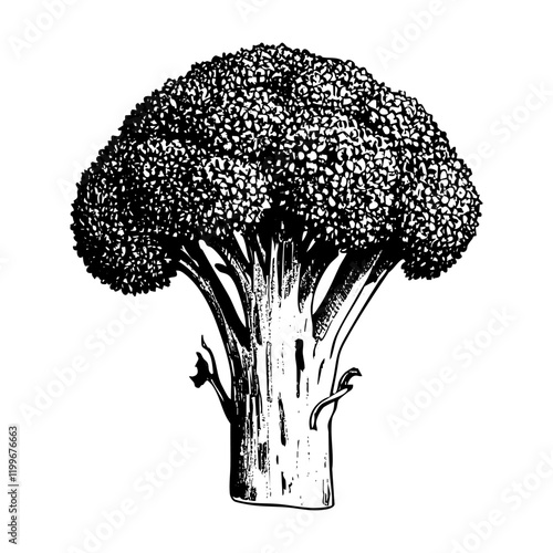 Broccoli sketch engraving black and white outline. Scratch board imitation.  illustrated in vintage line art style on a white background.
