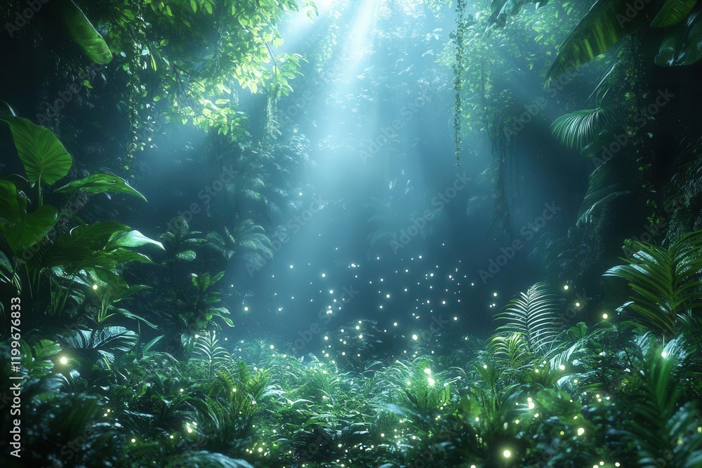 Fototapeta premium mystical rainforest wallpaper design with bioluminescent plants and floating spores in a misty twilight atmosphere, rendered in ethereal 3d