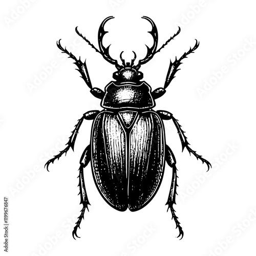 Horn beetle sketch engraving black and white outline. Scratch board imitation.  illustrated in vintage line art style on a white background.
