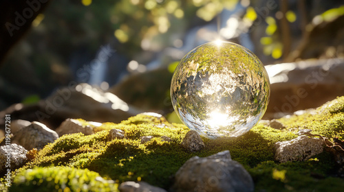 Crystal globe resting on moss with sunlight, symbolizing Earth Day and the concept of environmental sustainability and conservation photo