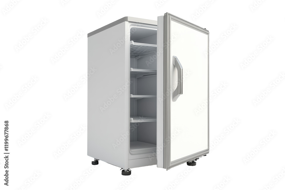Compact refrigerator design showcasing spacious interior with multiple shelves and open door isolated on transparent background Compact refrigerator design showcasing spacious interior with multiple shelves and open door isolated on transparent background