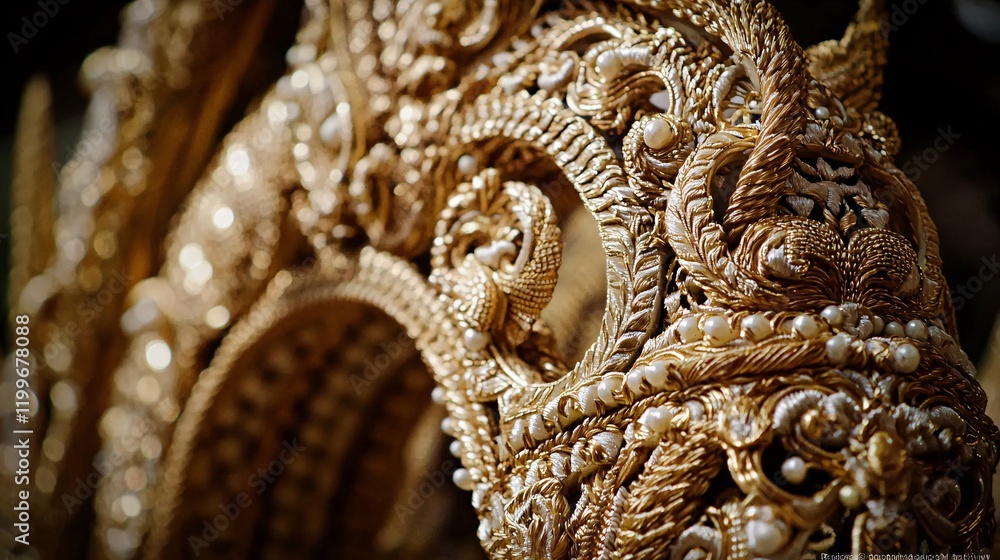 Fototapeta premium of a richly patterned jacquard fabric, showcasing the detailed woven design and the texture of the threads. Close-up, pattern, details, textiles