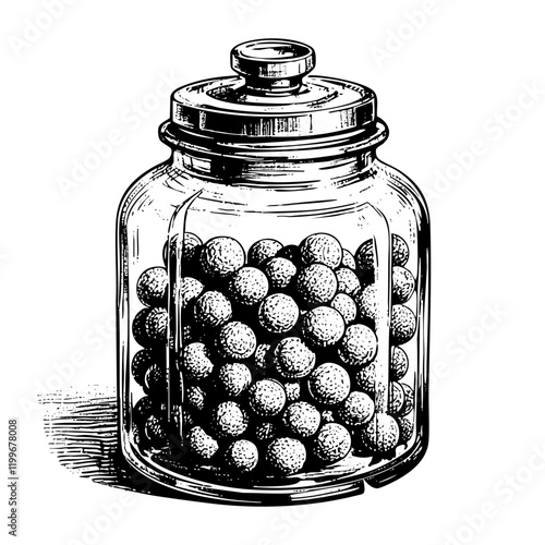 Chocolate ball in jar engraving black and white outline. Scratch board imitation.  illustrated in vintage line art style on a white background.
