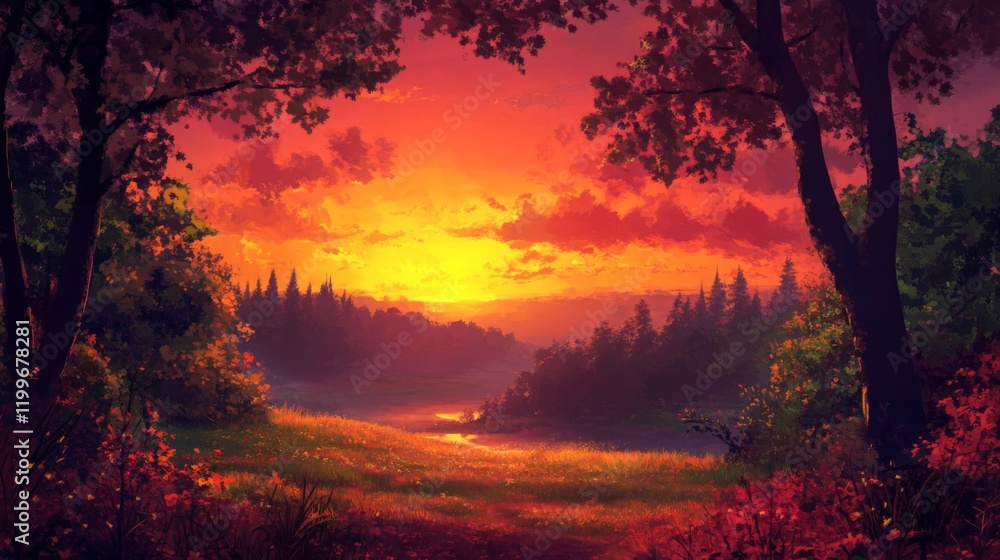 Obraz premium Vibrant Sunset Over a Forest and Stream