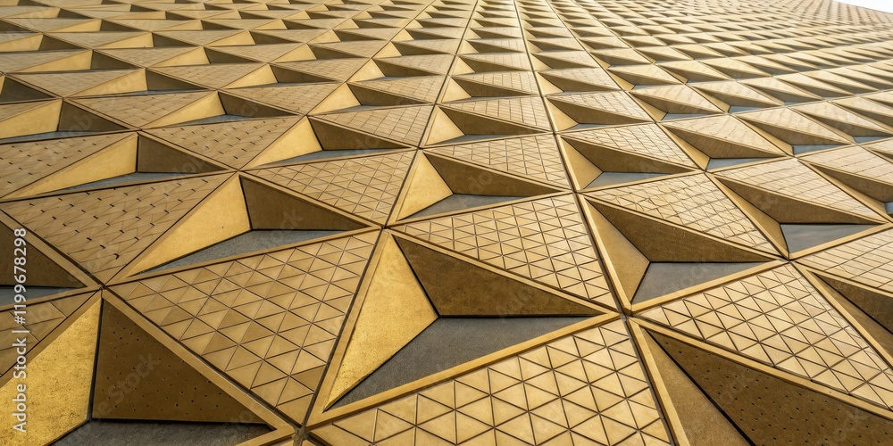 Obraz premium An abstract pattern of interlocking golden triangles creates a sense of depth and visual interest, mesmerizing visuals, 3D effect, artistic expression, golden twinkle background, mind-bending effects