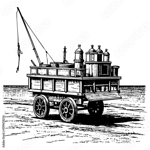 Cart carrying fishing products on shoreline engraving black and white outline. Scratch board imitation.  illustrated in vintage line art style on a white background.