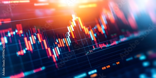 A close-up view of a financial market chart displaying candlestick patterns and price movements over time. Concept Candlestick Patterns, Financial Market Analysis, Price Movements photo