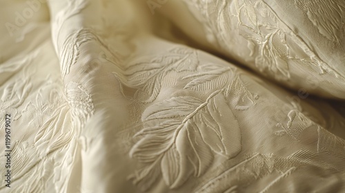 close-up of a jacquard weave fabric, showcasing the raised patterns and textured surface. Close-up, pattern, details, textiles 