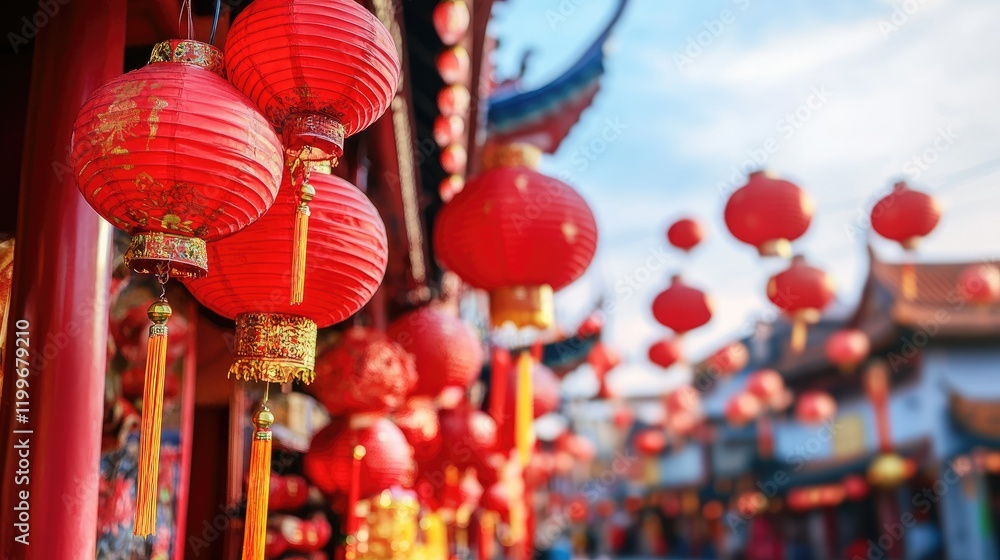 Naklejka premium A vibrant street scene with red lanterns and decorations for Chinese New Year