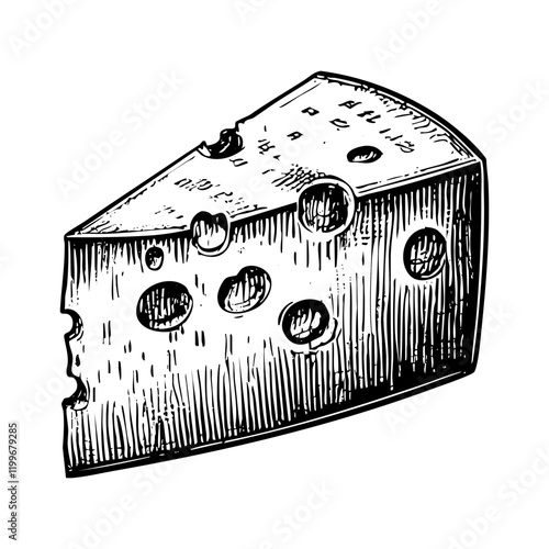Slice of cheese engraving black and white outline. Scratch board imitation.  illustrated in vintage line art style on a white background.
