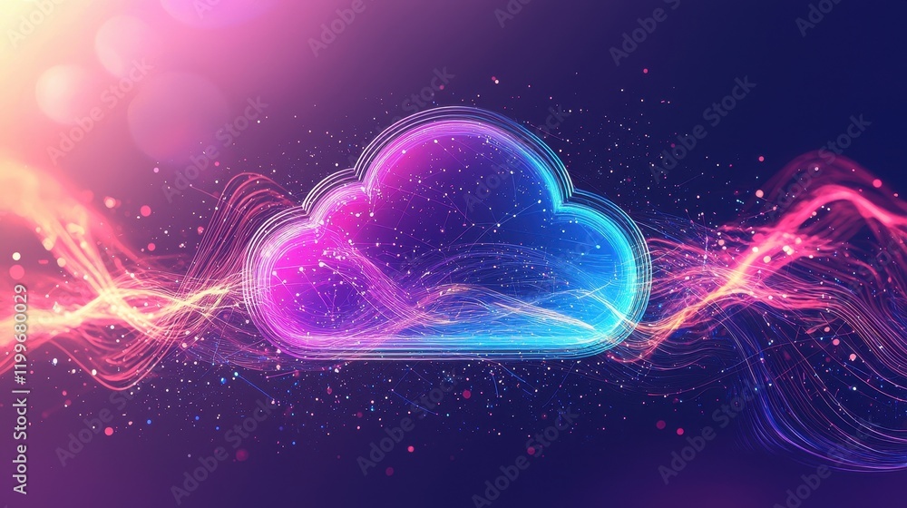 Obraz premium Dynamic Cloud Icon Surrounded by Data Lines Digital Art Abstract Design Vibrant Colors Creative Technology