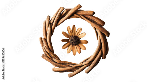 A rustic floral wreath made from twigs, encapsulating a central daisy flower, ideal for seasonal decor and nature-inspired designs. photo