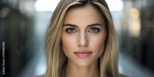 Free Download A close-up portrait of a woman with long blonde hair and striking blue eyes, set against a blurred background. Concept Close-Up Portrait, Long Blonde Hair, Striking Blue Eyes, Blurred Background - GFXLoad