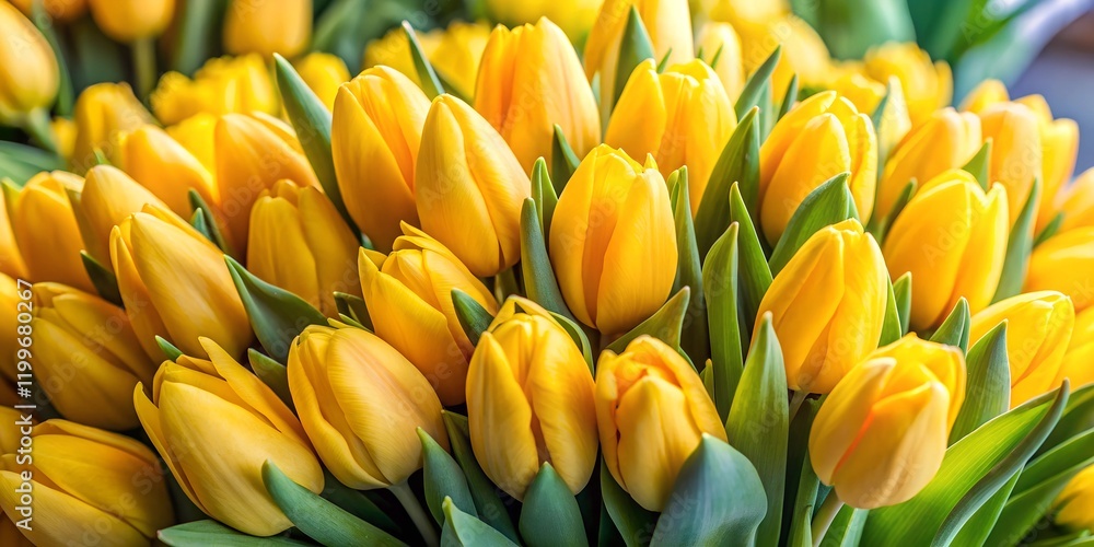 bouquet of yellow tulips, close up on bouquet view