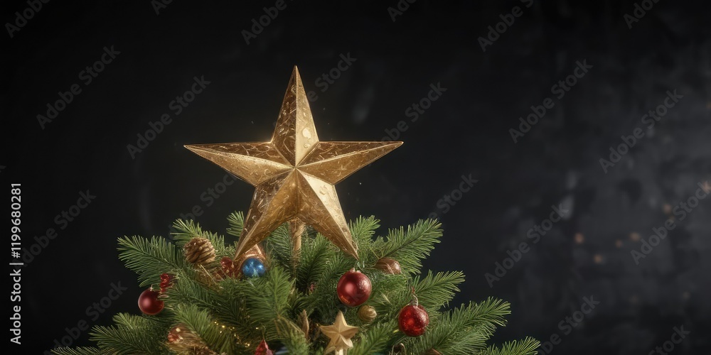 A star on top of a decorated Christmas tree against a dark background, christmas tree, festive, decoration