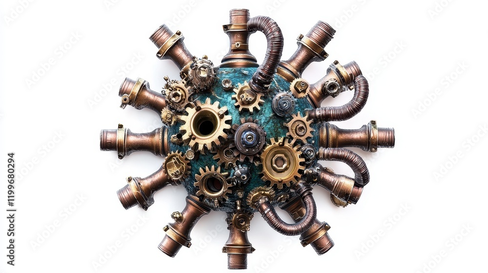 Obraz premium A steampunk-inspired virus design with metallic textures, intricate gears, and tubing, isolated on white background