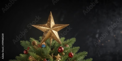 Obraz na płótnie A star on top of a decorated Christmas tree against a dark background, christmas tree, festive, decoration w salonie