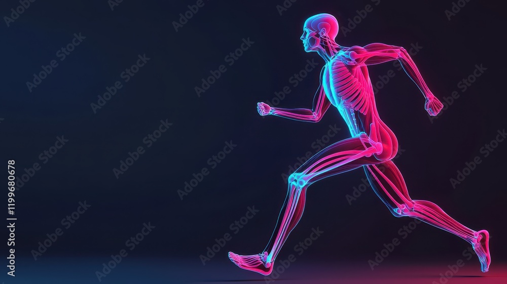 Fototapeta premium Athlete running with holographic muscle anatomy displayed, showing biomechanics in motion, cyber-medical style, neon accents. , closes up