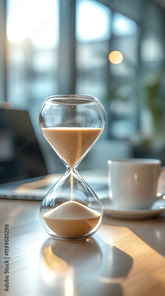 hourglass with sand flowing quickly, glass reflecting studio lights hourglass with sand flowing quickly, glass reflecting studio lights