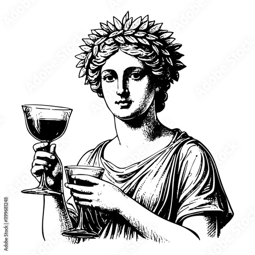 classical goddess figure with a laurel crown, holding two wine glasses sketch engraving black and white outline. Scratch board imitation.  illustrated in vintage line art style on a white background.
