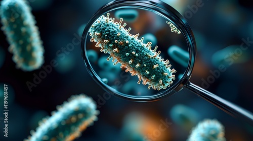 light microscopy image of bacteria, superimposed magnifying glass showing green bateries photo