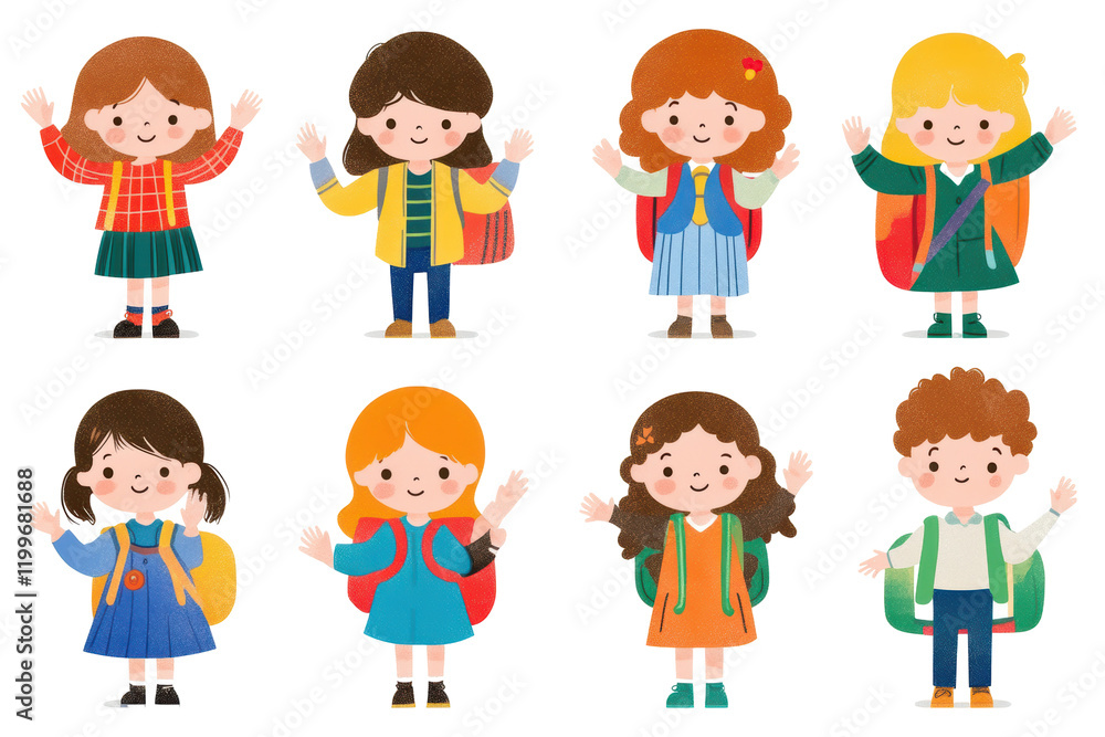 Back to School Cheer: A cheerful set of eight diverse cartoon children, each with unique outfits and backpacks, excitedly wave hello to the new school year. Back to School Cheer: A cheerful set of eight diverse cartoon children, each with unique outfits and backpacks, excitedly wave hello to the new school year.