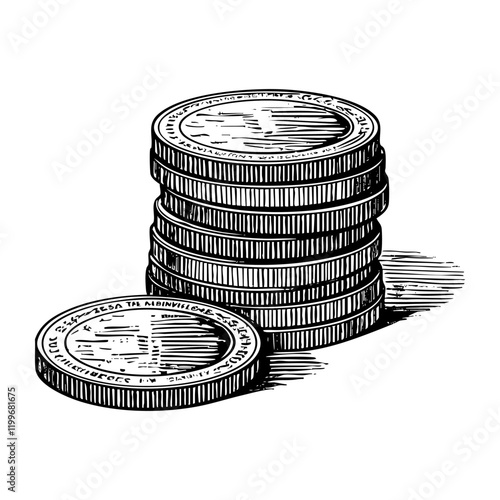 Coin stack sketch engraving black and white outline. Scratch board imitation.  illustrated in vintage line art style on a white background.