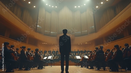 Symphonic orchestra performing classical music concert  on stage with professional musicians