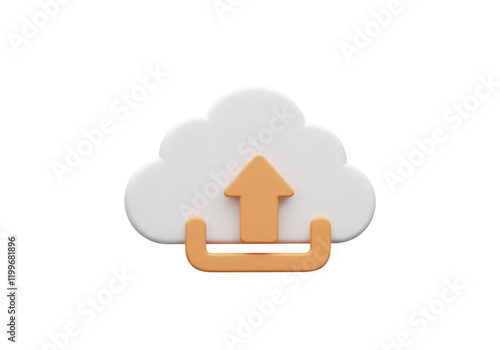 Cloud Upload Icon 3D Render White Orange Digital Network Data Storage Technology Web App Clean      