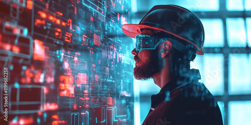 Engineer in a hardhat using futuristic augmented reality interface with glowing holographic data. Perfect for technology, innovation, and industrial automation concepts. photo