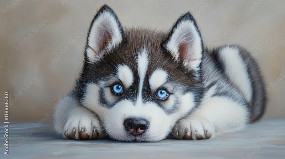A blue-eyed husky lies on the floor, its head tilted slightly as it gazes upward with a curious and endearing expression. A blue-eyed husky lies on the floor, its head tilted slightly as it gazes upward with a curious and endearing expression.