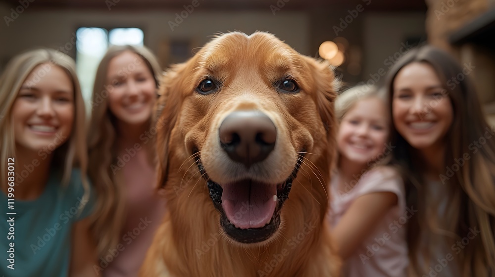 Heartwarming close up of a happy family surrounded by their beloved pet dog the dog s tail wagging with joy as the family members smile and radiate a sense of warmth and togetherness Heartwarming close up of a happy family surrounded by their beloved pet dog the dog s tail wagging with joy as the family members smile and radiate a sense of warmth and togetherness