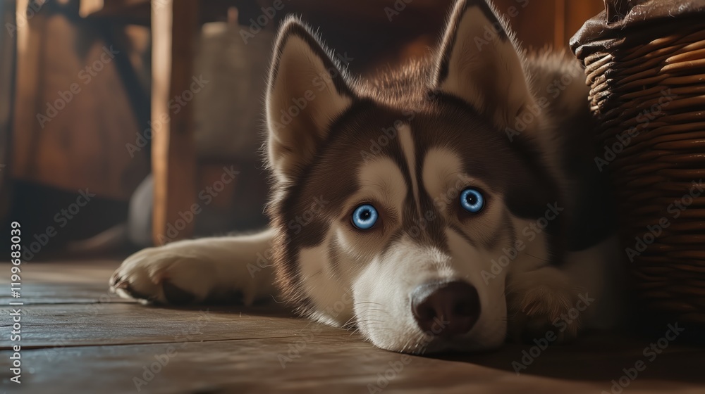 Obraz premium A blue-eyed husky lies on the floor, its head tilted slightly as it gazes upward with a curious and endearing expression.
