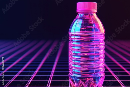 Minimalist sports drink bottle on a holographic grid, digital liquid effects, sleek metallic colors, futuristic, high resolution. , closes up photo