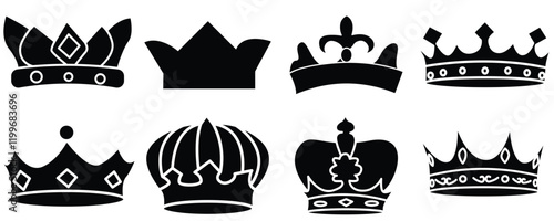 Crown icon set. Vector royal king’s Crown silhouette.