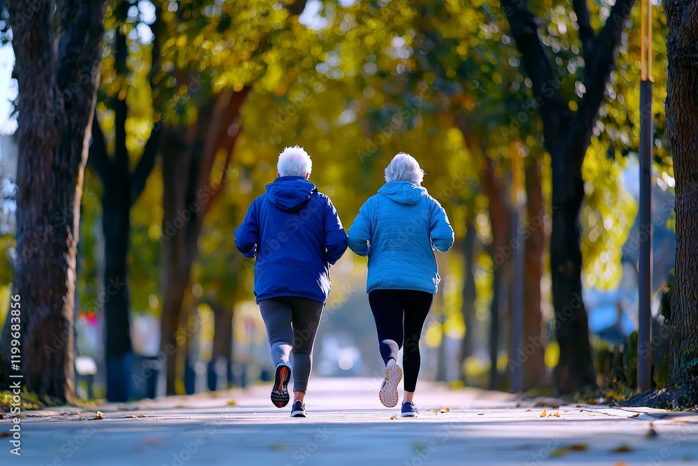 Obraz premium Elderly Women Jogging Together on a Tree-Lined Pathway During a Vibrant Autumn Day