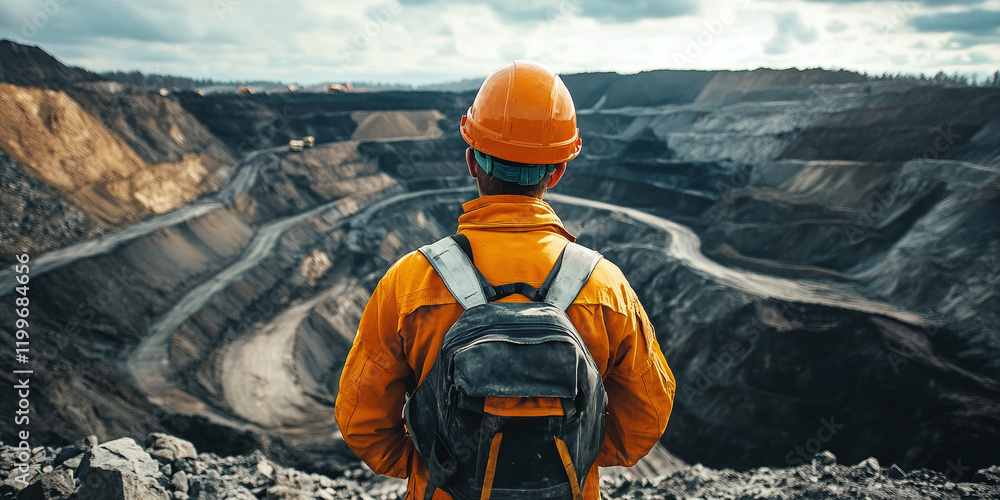 A miner wearing a safety helmet and backpack, overlooking a large open-pit mine under cloudy skies. Perfect for mining industry, exploration, or labor-related topics. A miner wearing a safety helmet and backpack, overlooking a large open-pit mine under cloudy skies. Perfect for mining industry, exploration, or labor-related topics.