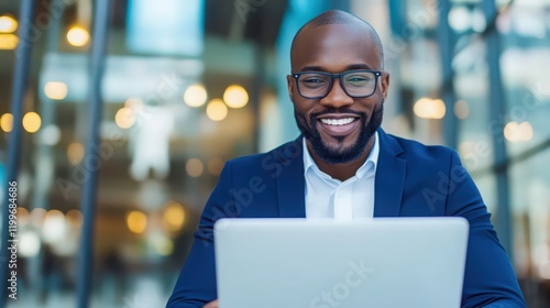 A man wearing a suit and glasses is smiling while looking at a laptop