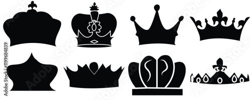 Crown icon set. Vector royal king’s Crown silhouette.