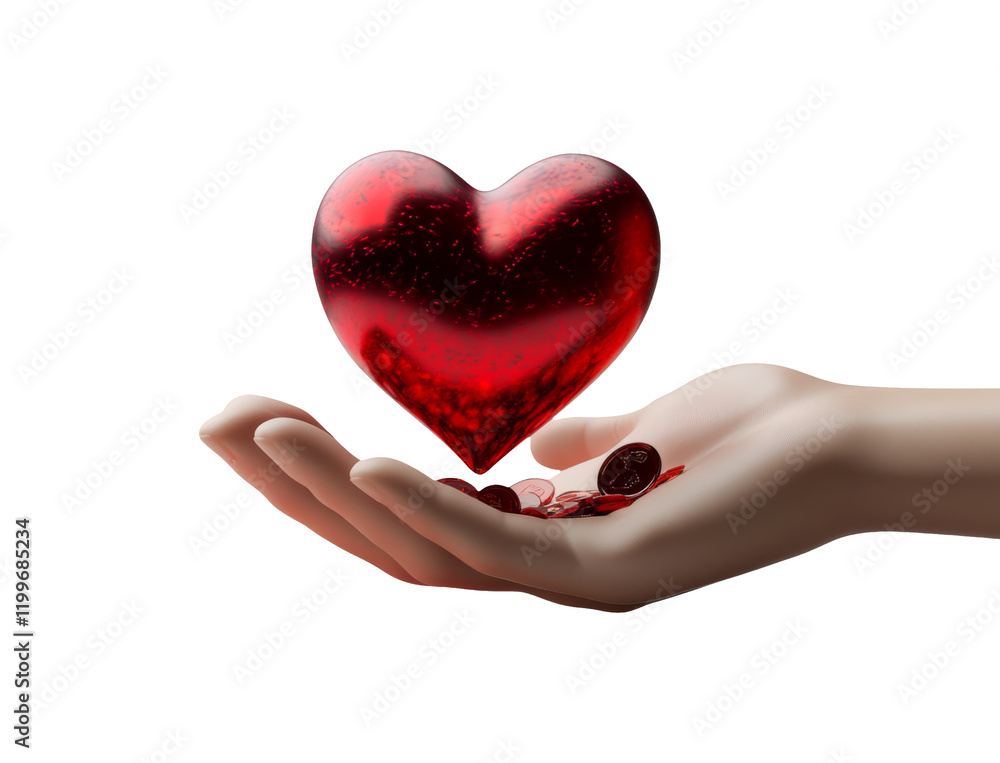 Obraz premium Heart in Hand with Coins Dropping on Transparent Background