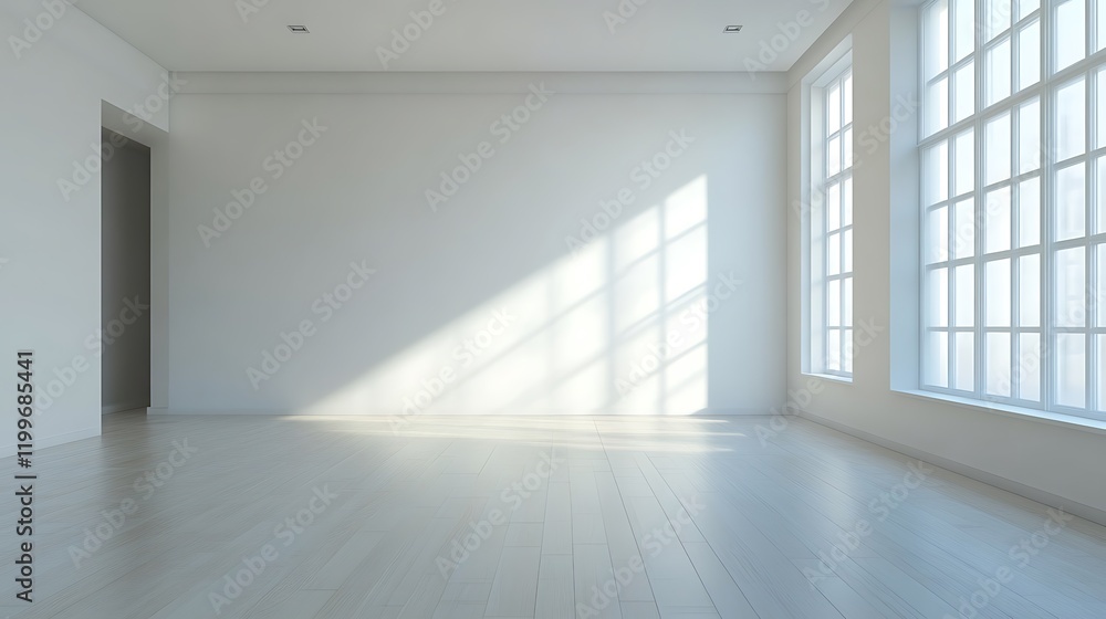 Empty White Room with Sunlight Streaming Through Large Windows Empty White Room with Sunlight Streaming Through Large Windows