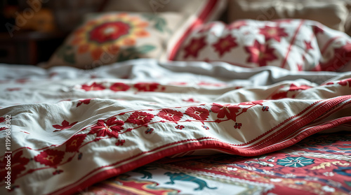 Close-up of Elegant Red and White Embroidered Bedding. Luxurious Home Decor, Soft Cotton Fabric, Floral Pattern, Cozy Bedroom Style photo