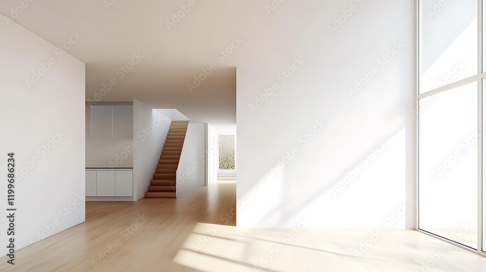 Modern Minimalist Empty Room Interior Design: Sunlight Streaming Through Large Window, Hardwood Floors, and Wooden Staircase Modern Minimalist Empty Room Interior Design: Sunlight Streaming Through Large Window, Hardwood Floors, and Wooden Staircase