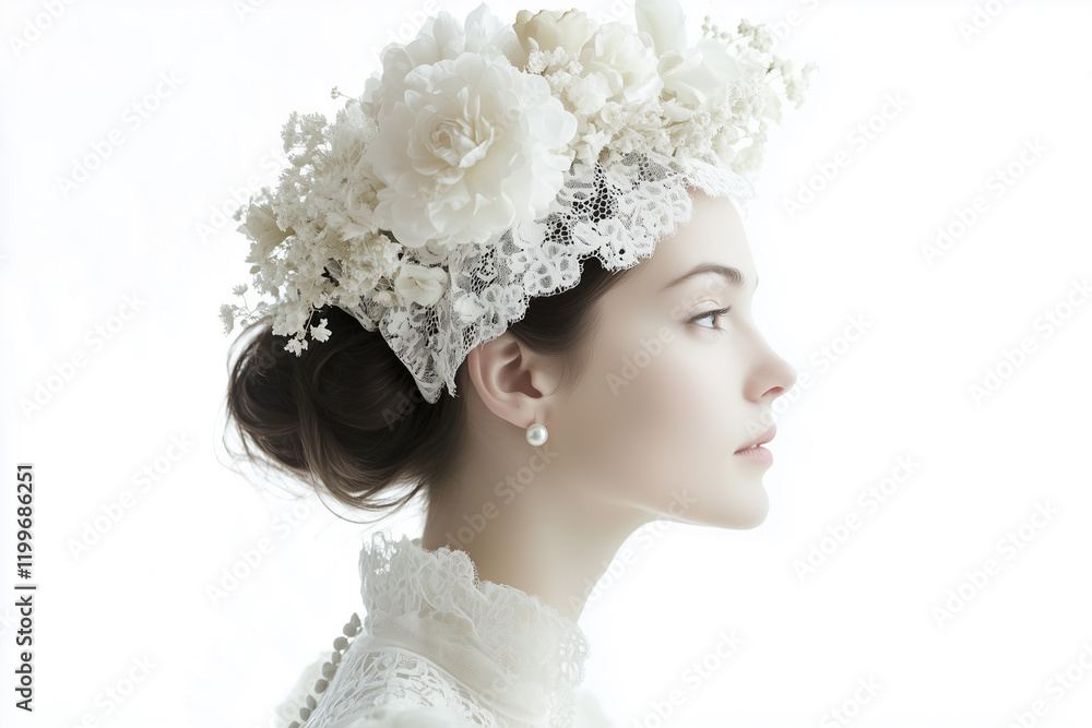 Obraz premium A white lace and floral crown with pearls, in an elegant vintage style, with an intricate design, on the head of a beautiful woman